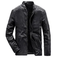

New Style Thickening Velveting Stand-collar Solid Pu Leather Slim Fit Male Coat Casual Plus Size Washing Locomotive Men Leather