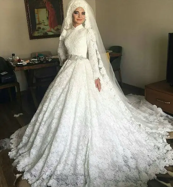 

Saudi Arabia Turkey Women Ball Gown Long Sleeve Wedding Gown Bridal dress Vestido De Noiva lace Muslim Wedding dress MWA273