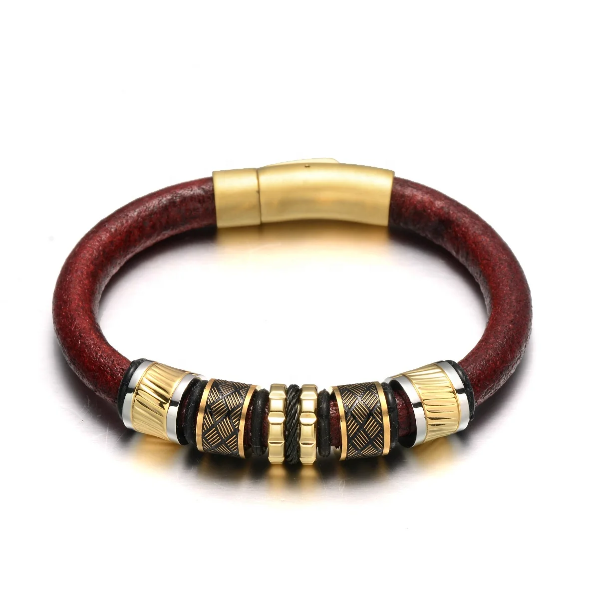

REAMOR Red Genuine Cowhide Leather Bracelet with Gold Stainless steel Beads abd Matte Clasp Bracelets Bangles for Male Jewelry