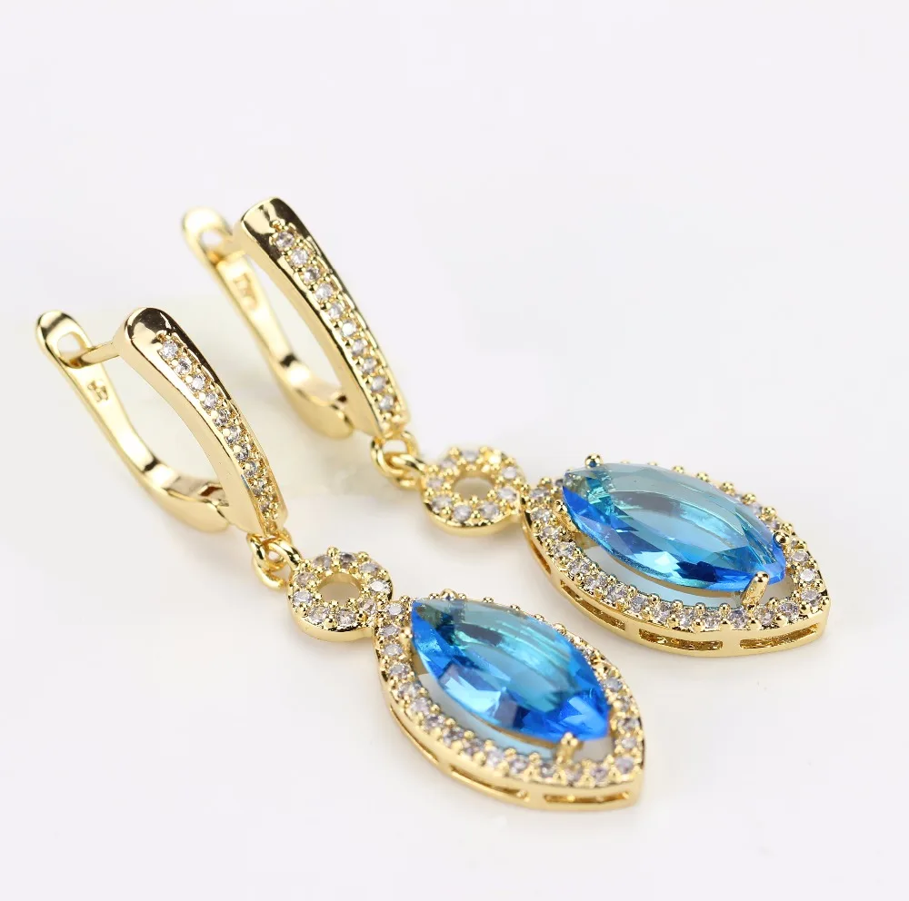 Lake Blue Color Crystal Pure Looking Simple Design Stone Saudi Lake Blue Color Crystal Pure Looking Simple Design Stone Saudi Gold Earrings