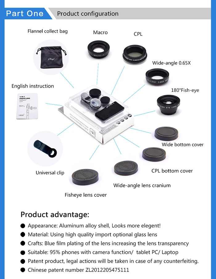 LIEQI Universal Clip 4 In 1 Cell Phone External Lens With CPL Filter