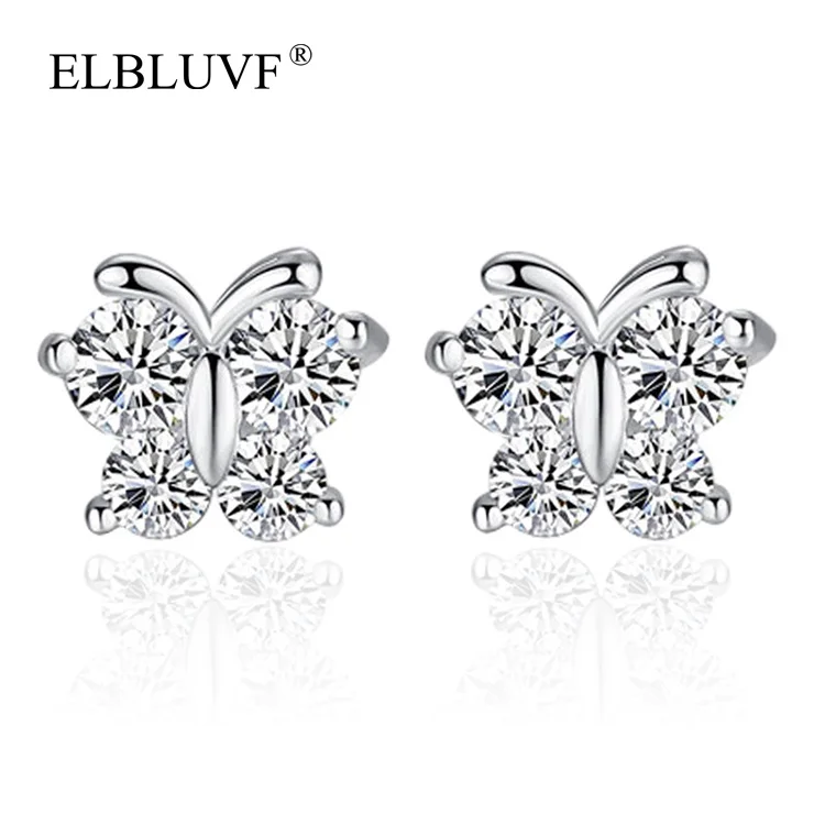 

ELBLUVF 925 Silver Plated Free Shipping Copper Alloy 925 Silver Plated Zircon Jewelry New Design Animal Butterfly Clasp Earrings, White gold