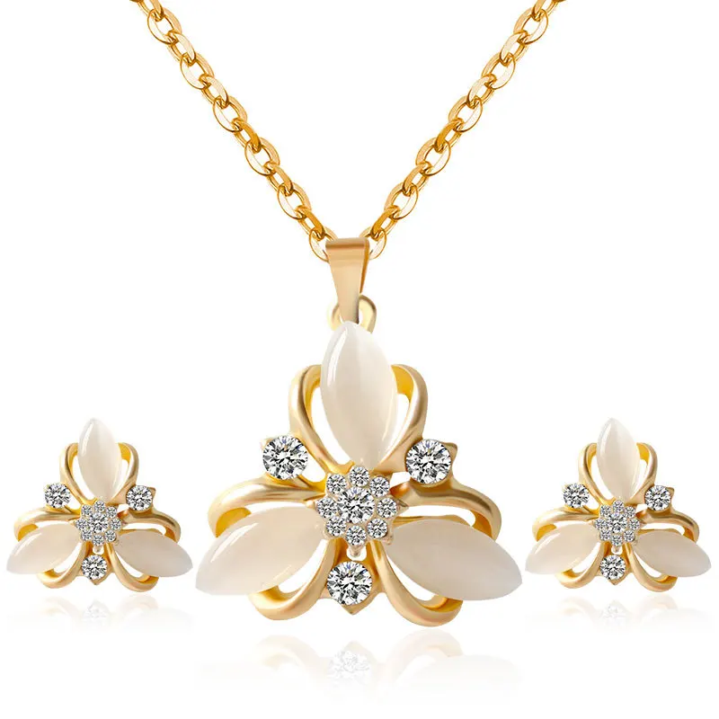 

Cute Rhinestones Opal Flower Pendant Necklace Earrings Sets Women Bridal Jewelry Set (KJ043), Same as the picture