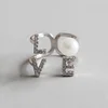 100% S925 Sterling Silver Romantic L O V E Zircon Pearl Opening Ring