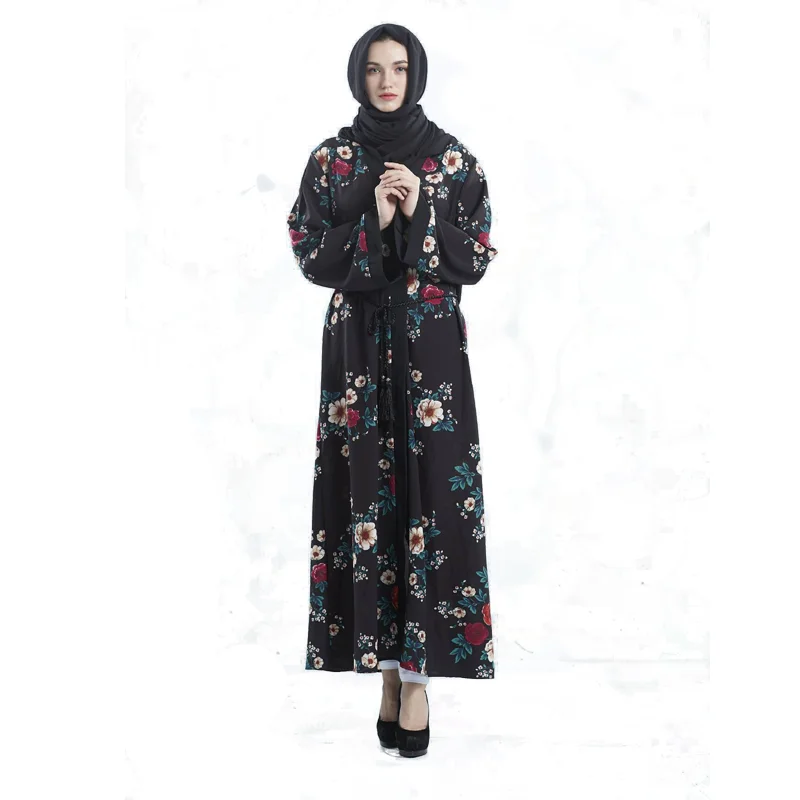 
2018 Wholesale black elengent new floral printed muslim dress umbrella abaya with belt for women manufacturer 