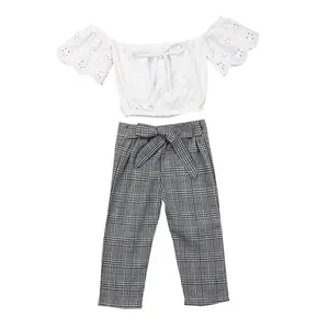 Summer clothing strapless lace cut shirt plaid bow high waist trousers children baby girl 2 girls clothing 2-7Y
