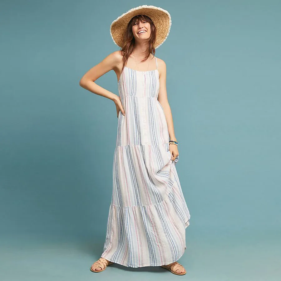 

Fashion dresses women ankle length cotton linen striped long maxi dress