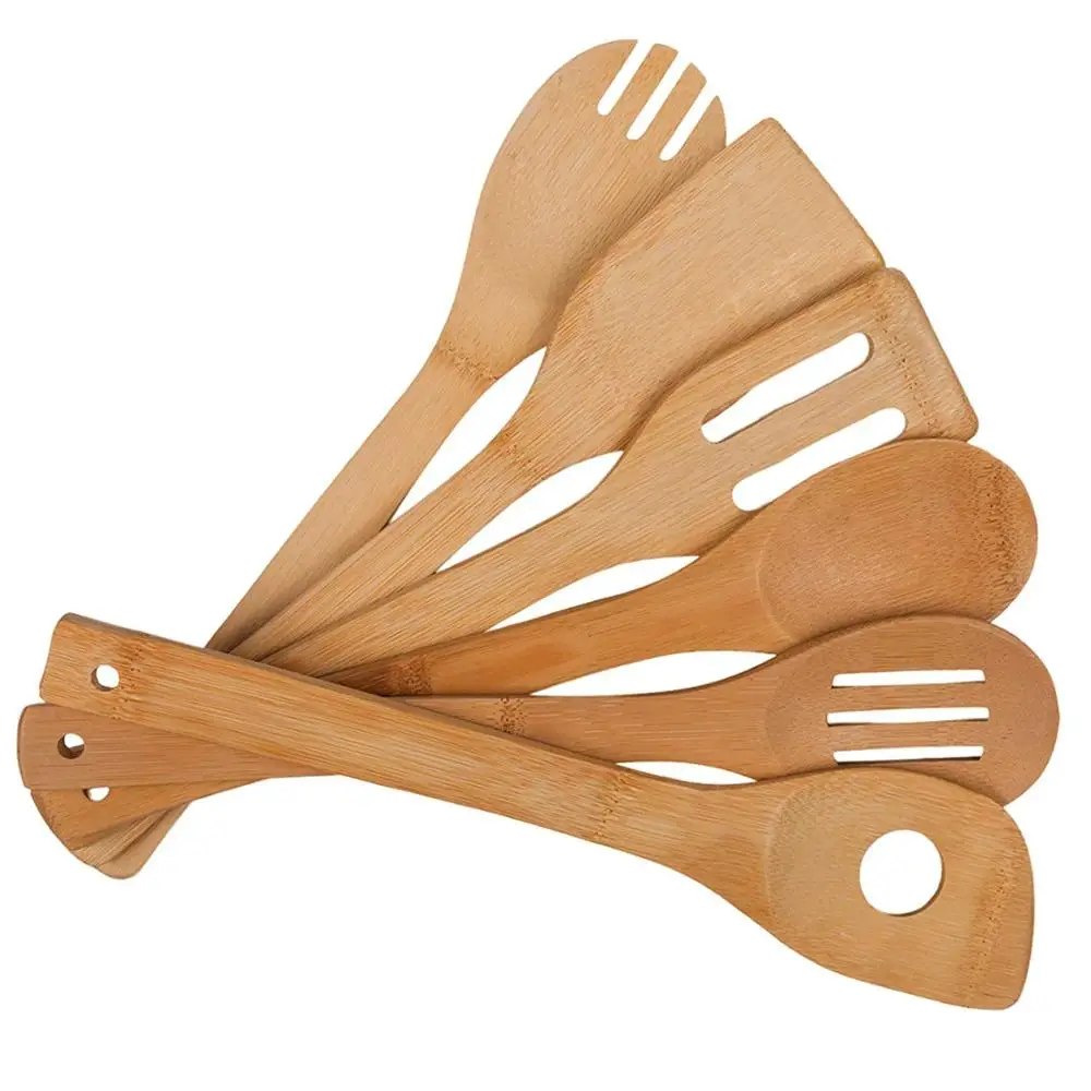 
Eco friendly Organic Natural Custom Kitchen Cooking Flatware wooden utensils Bamboo Spoon Set For 6 