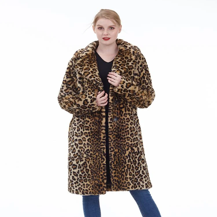 

2020 New Arrivals High Quality Turndown Collar Winter Long Style Leopard Print Faux Fur Women Coat