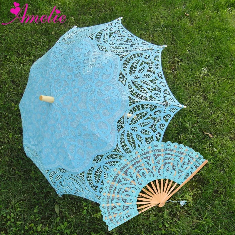 

19 Century Popular Steampunk Style Handmade Battenburg Lace Parasol Lace Fan Set Wedding Umbrella, White, black, ivory