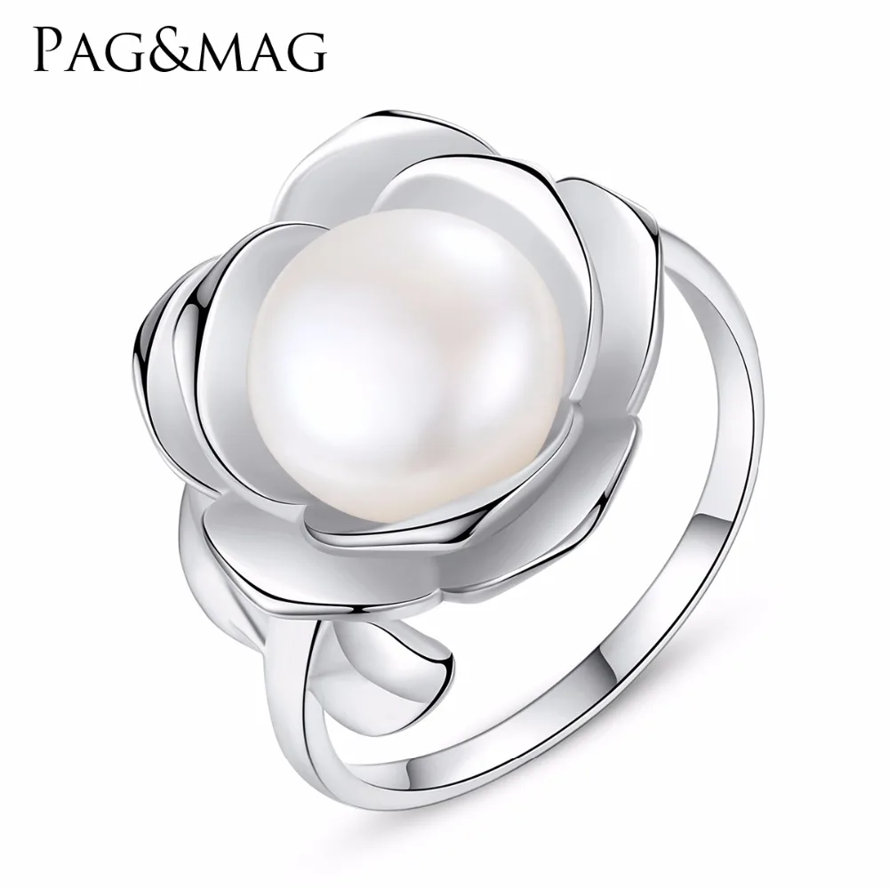 

PAG&MAG 100% Real Freshwater Pearl Ring With 925 Sterling Silver Adjustable Ring Big Size 10mm AAAA Natural Pearl Jewelry