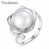 PAG&MAG 100% Real freshwater Pearl Ring With 925 sterling silver adjustable ring big Size 10mm AAAA Natural Pearl Jewelry