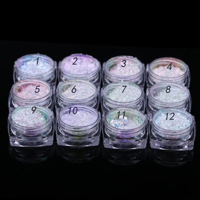 

New coming 12 colors 0.2g/jar transparent powder nail chameleon flakes for Nail Art Beauty