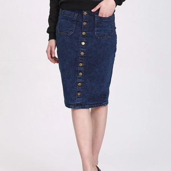 Custom wholesale womens cheap button long knee length denim skirts