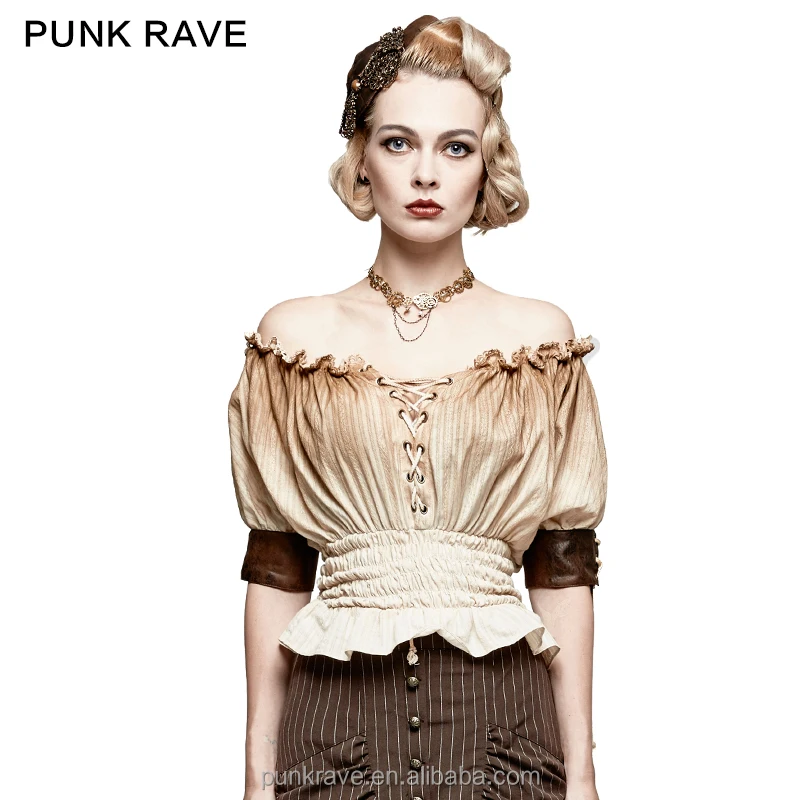 

T-444 Steampunk T-shirt off-shoulder ruffled top with short sleeves for women, Black/off white