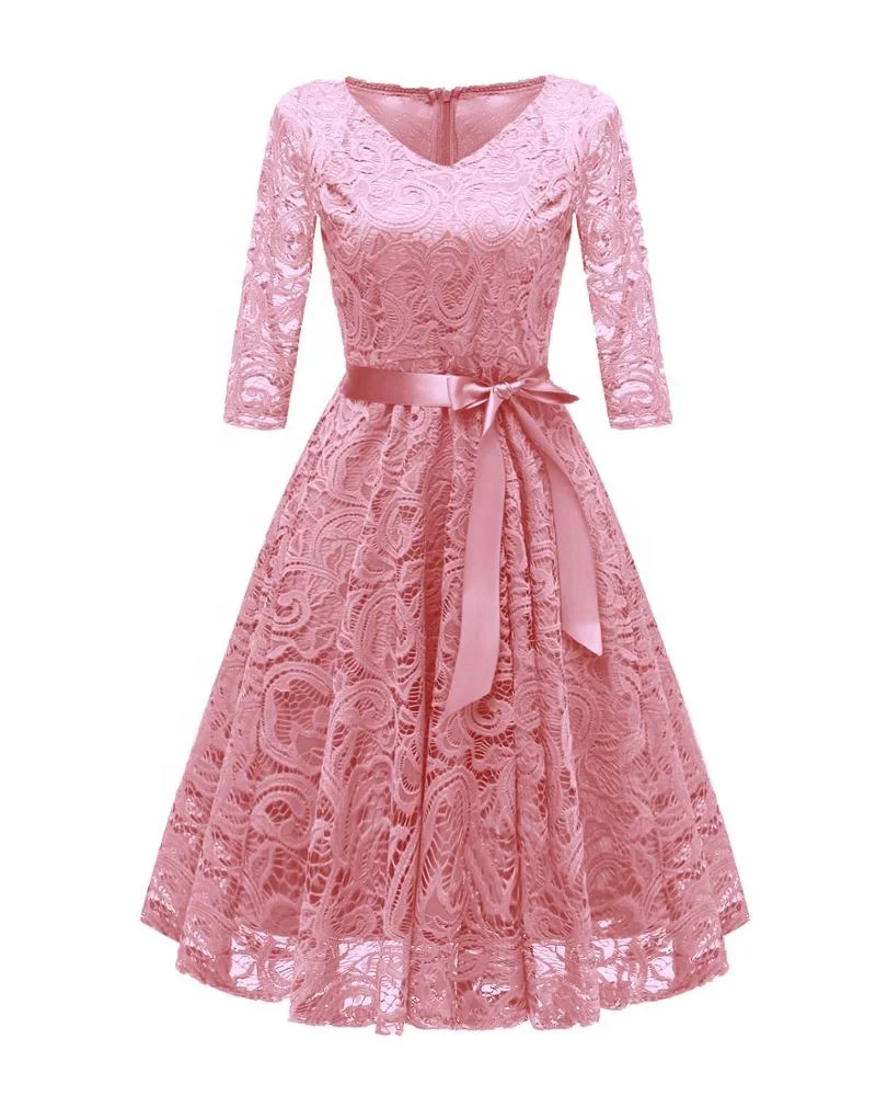 

DN-CD1592-1 Women Elegant Embroidery Lace Dress V Neck 3/4 Sleeves Vintage Cocktail Lace Dress Ladies Bridesmaid Dresses