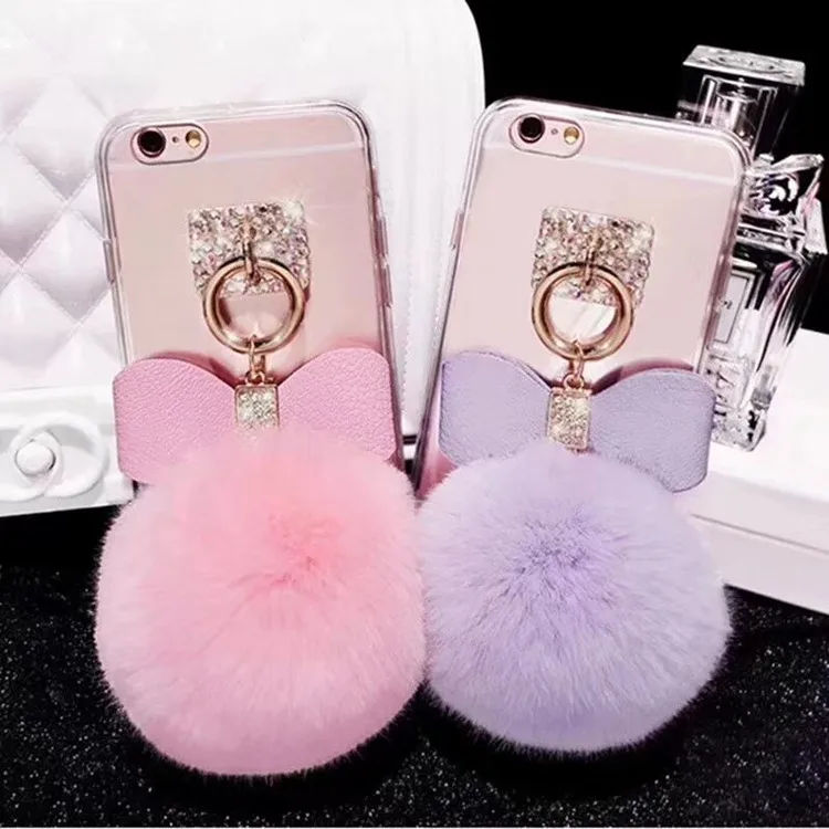 

DIY Cute Fur Ball Cell Phone Case for iPhone Xs Max Xr 8 Plus,Girl Protective Bow Case for Apple iPhone 7, Transparent, three colors fur ball optional
