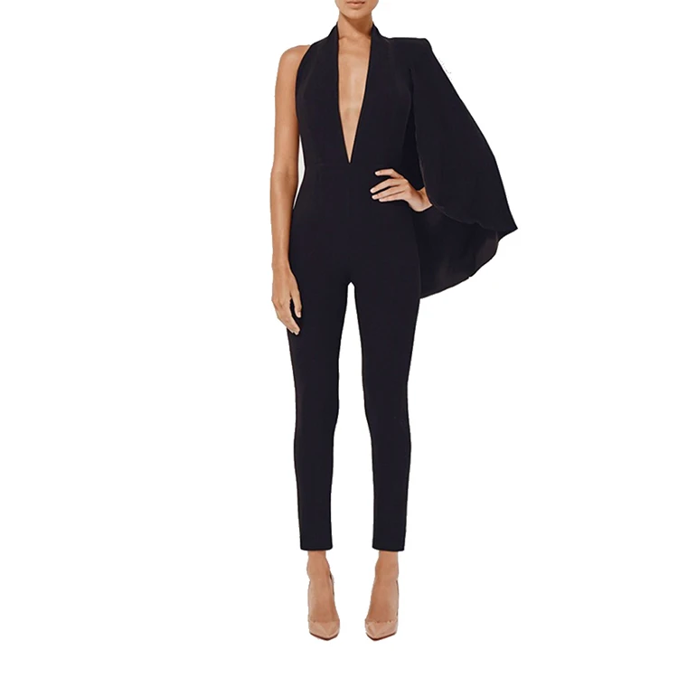 

Women V-Neck Halter Batwing Sleeve Celebrity Runway Jumpsuit, Black