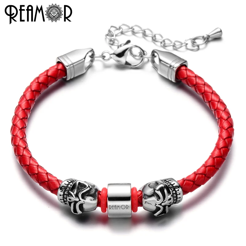 

REAMOR Trendy Women Bracelet 316L Stainless Steel Skull Head Charms Bracelets Adjustable Red Braided Leather Rope Bangles Men