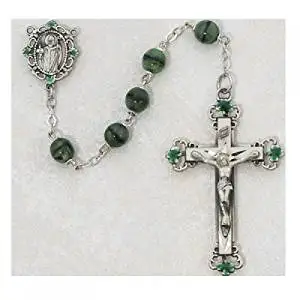 Green and Black St. Patrick Irish Catholic Rosary Beads - This Irish Rosary Has 7mm Green and Black Glass Beads and a Sterling Silver Crucifix and St. Patrick Centerpiece with Green Enameled Shamrocks on the Crucifix and Centerpiece. This Beautiful Rosary Comes Packaged in an Elegant Deluxe Gift