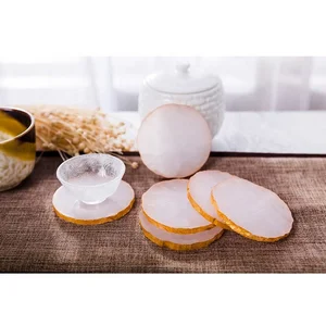 Image of Home Decor Natural Agate Gemstone Heart Shaped Slice Rose Quartz Coasters with Gold Plated Rim Edge for Tableware Set Holder