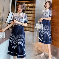 

Wholesale European and American Women Fashion 2019 Vintage Pleated Printed Maxi Lace dress