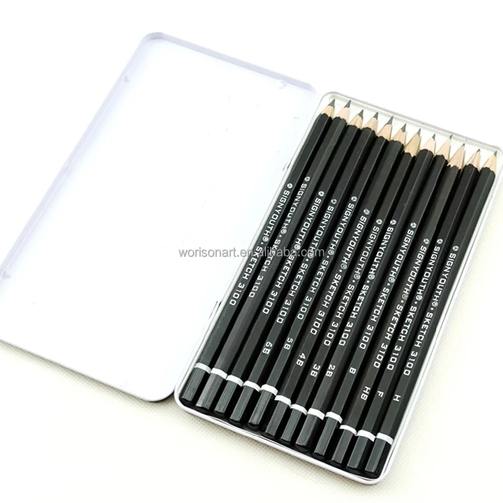 12 Pcs Hitam Memimpin Sketsa Pensil Set Dengan Kotak Besi Untuk