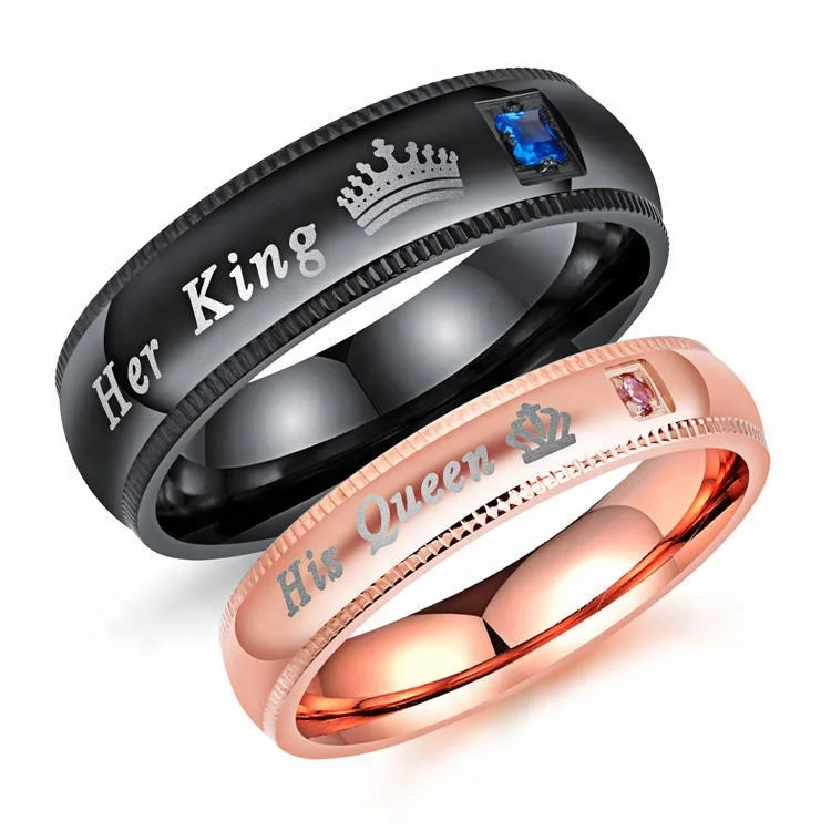 

Hot Selling Fashion Saint Valentine's Day 316L Stainless Steel Her King His Queen Couple Rings, Rose gold,black