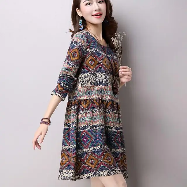 Zm318a Women One Piece Dress Vintage Printing Long Sleeve Linen Dresses Buy Long Sleeve One Piece Dress Vintage Long Sleeve Dresses Dresses Women Ladies Product On Alibaba Com