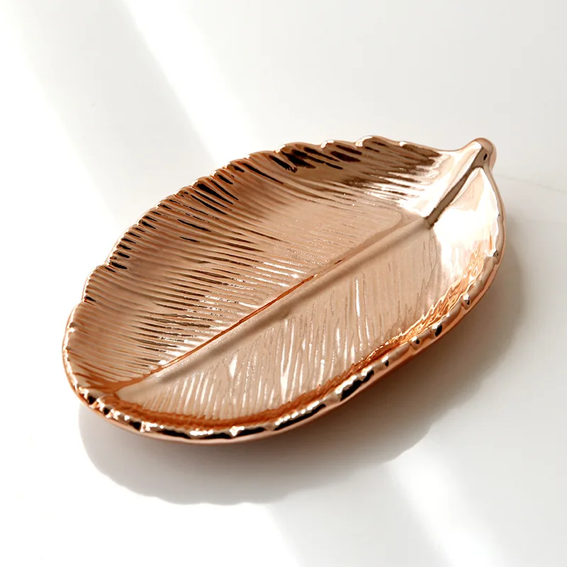 

Rose gold leaf shape trinket dish for Ceramic key Jewelry Plate