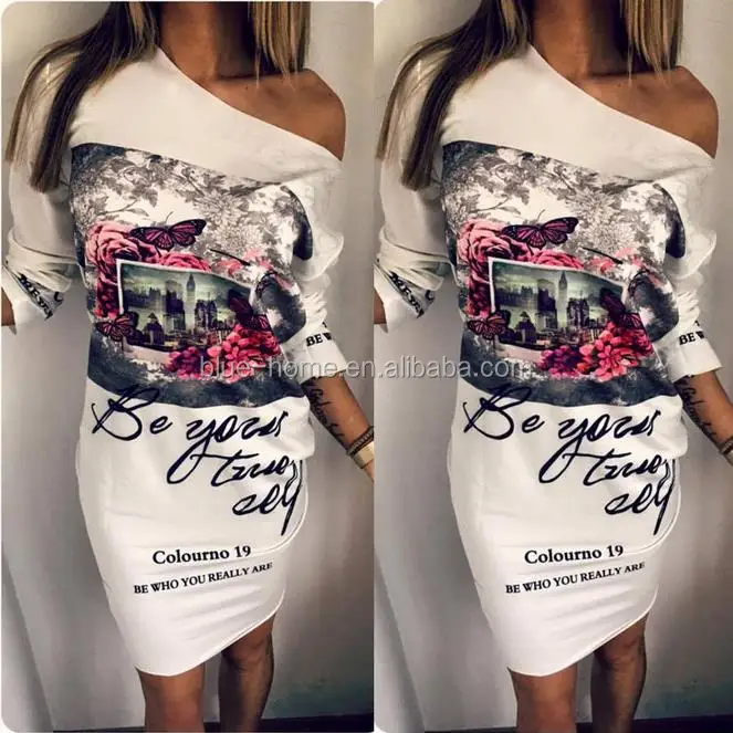 

china manufacturer oblique shoulder dress fashion print dress loose lady dress, White