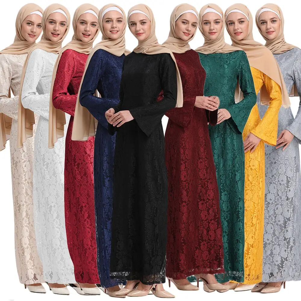 

2019 new arrival islamic beautiful wholesale fashion modest women full lace maxi islamic women clothing, Black,beige,navy,green,wine red,white,yellow,gray