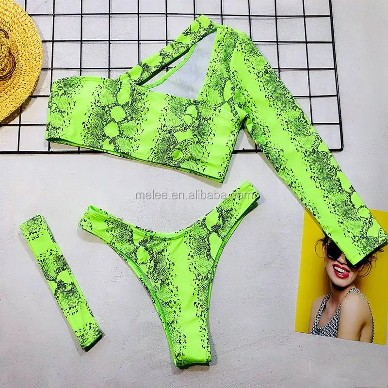 

Just Arrivals STOCK Cut One One Shoulder Long Sleeve Swimwear 3 Pieces Swimsuit Green Snake Print Bikini, Flower