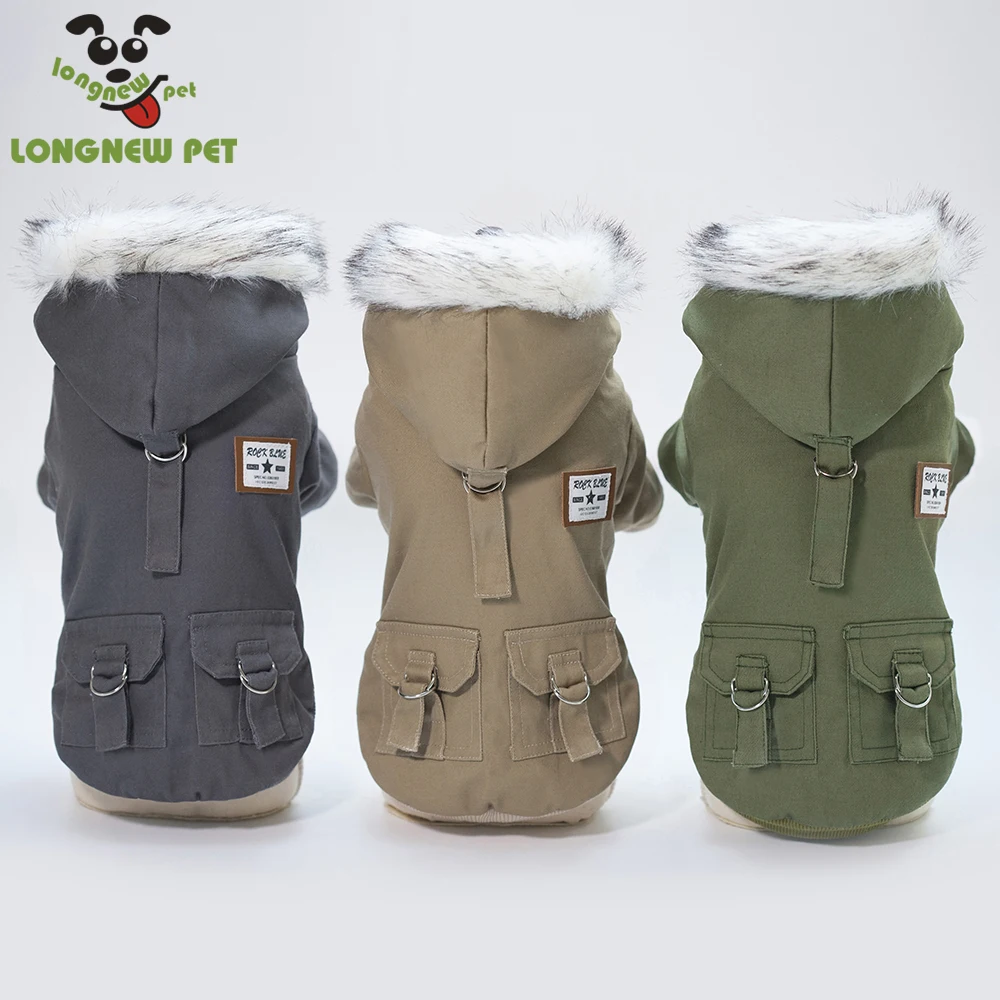 

Cool Warm Pet winter Military Coats With Hood Dog Fashion Clothes, Green;khaki;gray