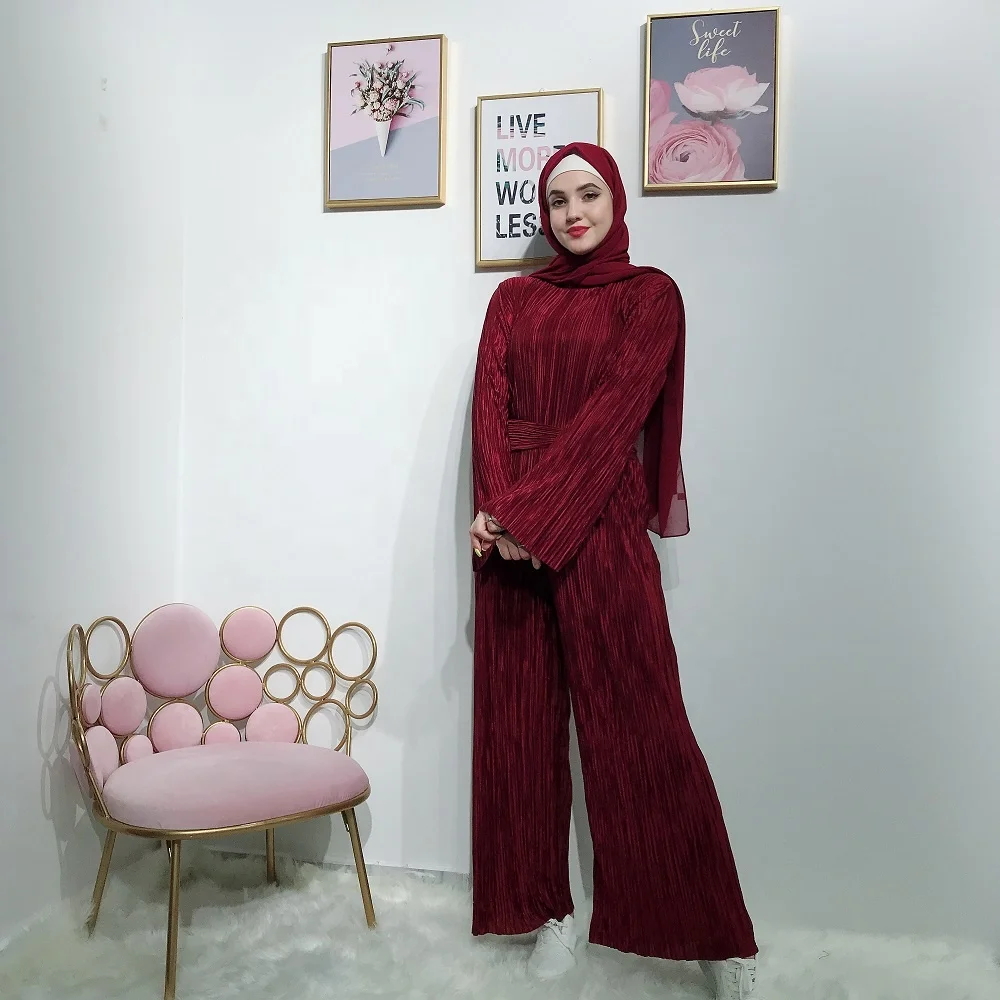 

Wholesale high quality fancy pleated islamic clothing women abayas jumpsuits for muslim, Brown,blue,wine red,purple,dark green