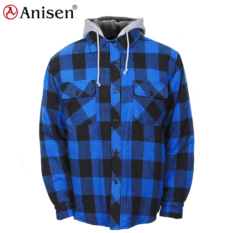 

100% cotton OEM custom fleece hoodie men streetwear quilted lining plaid flannel winter workwear jacket, Blue check