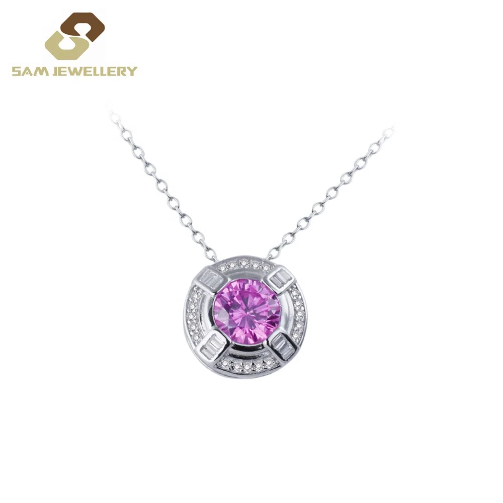 

Chic Sterling 925 Silver Bezel setting Round Pink Zircon Pendant Necklace Jewelry For Bridal, Pink sapphire pendant