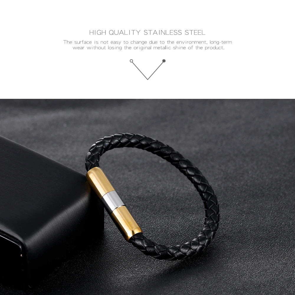 Trendy 2018 Mens Vibration Health Magnetic Stainless Steel Black Braided Leather Bracelets