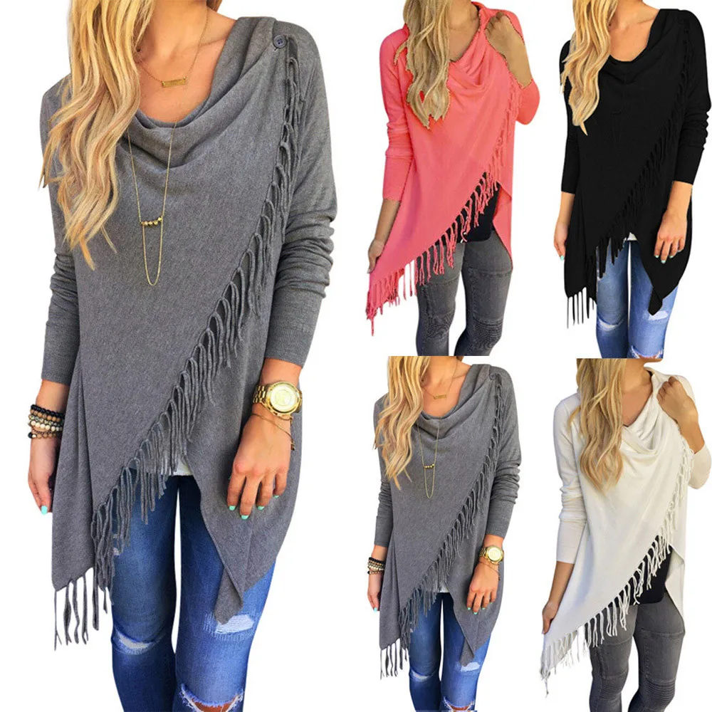 Women's Women Long Sleeve Pure Color Tassel Slash Blouse Tops Shirt