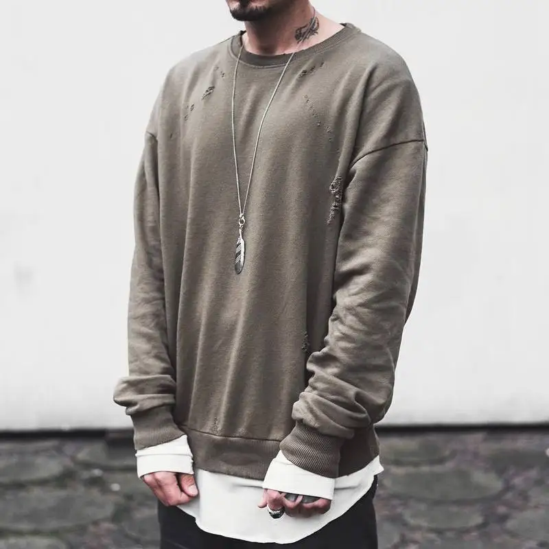 

Men Sweatshirts Ripped Hole Slip Shoulder Design Hoodies Pullovers, As picture