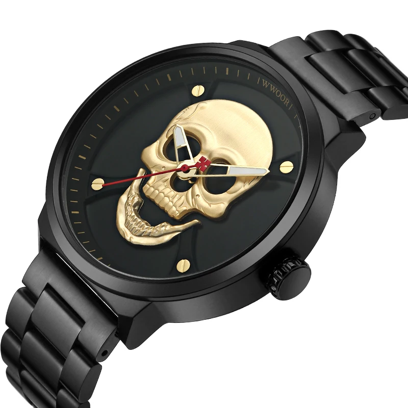 

WWOOR hot sale top brand trend luxury fashion stainless steel strap 3D carving gold ghost skull men's watch, White/ black/ gold/ rose gold