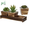 3 Pieces Small And Cute Distressed Succulent Plants ,Table Rustic Torched Wood Flower Pot With Tray