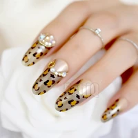 

3D Long Round Golden Leopard French Fake Nails Brown Gold Rhinestones Glitter False Nail Art Tips DIY Manicure Summer Wear Nails