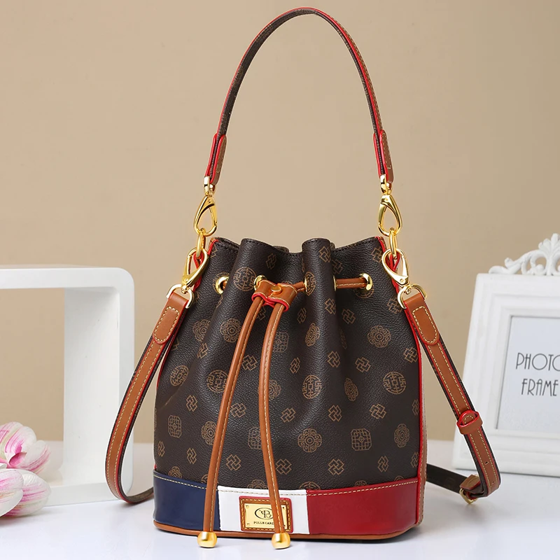 

2021 Baellerry western Luxury Leather bucket bag handbag for women Lady Shoulder Bag tote bag, Khaki/coffee