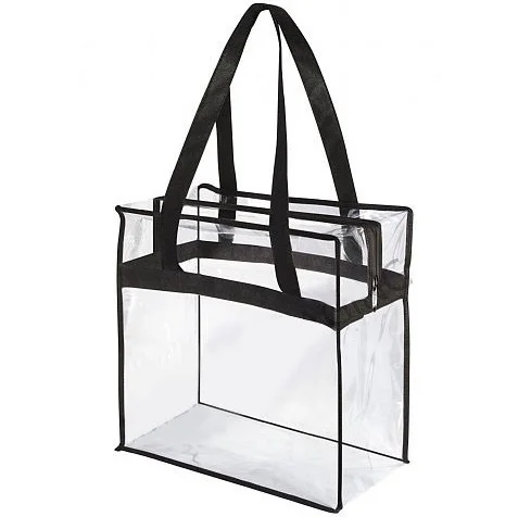 

Custom Black Zipper Clear Stadium PVC Shopping Tote Bag With Side Pocket, Black or as your request