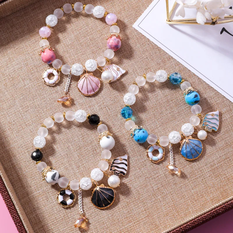 

Summer Sweet Ceramic Crystal Shell Bracelet Sweet Sea Style Shell Fish Crystal Beaded Bracelet Adjustable Bracelet, 3 colors available