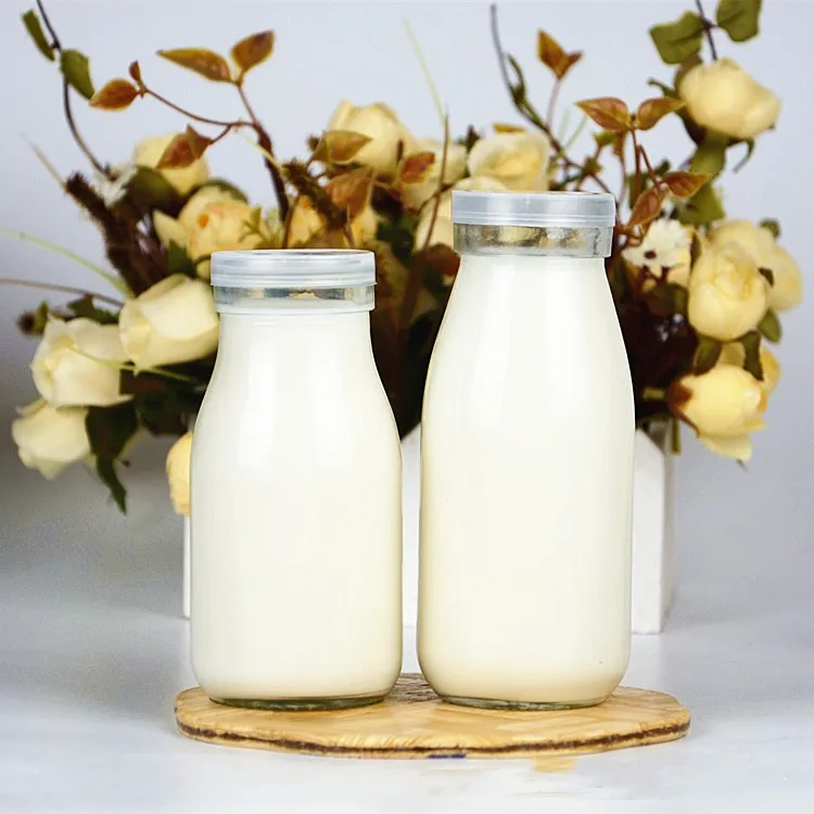 Plastic Cap Clear Round Coconut Glass Milk Bottles 250ml With Lid Milk ...