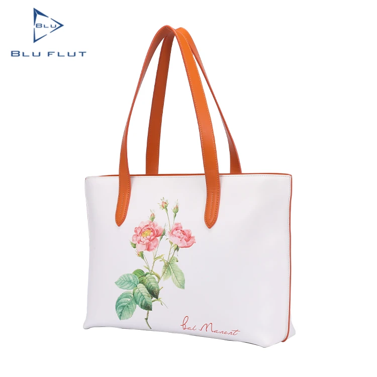 

New Fashion split leather bag tote flower print women leather handbags, White