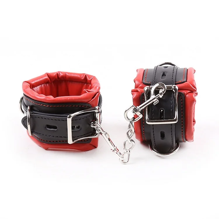 Hot Red Black Leather Sponge Lining Handcuffs Ankle Cross Buckle Sexy