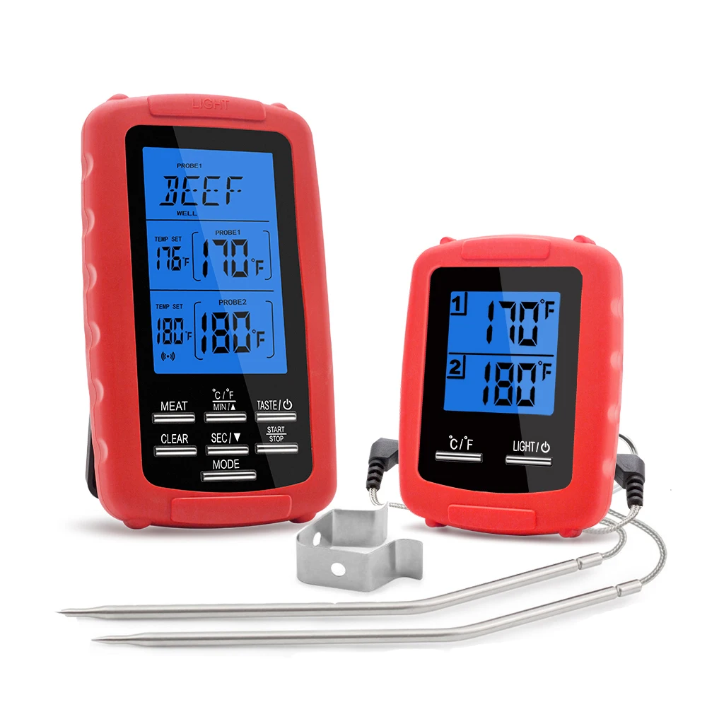 

2018 ESUN Dual Food Probes Red Wireless BBQ Digital Meat Thermometer to Outdoor Smoker Kitchen